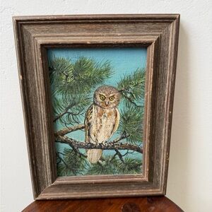 Vintage original oil painting of a owl in nature artist signed and dated